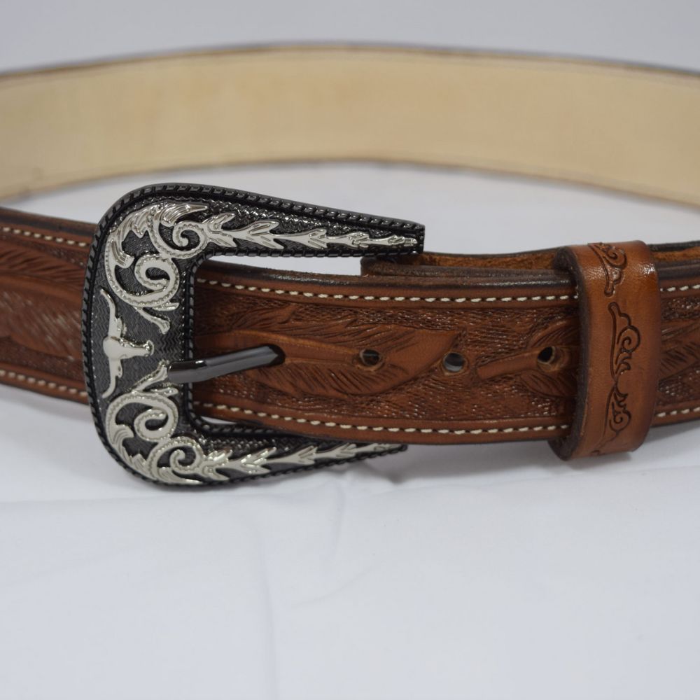WOMENS-MEXI LEATHER EMBROIDERED BELT WITH LEAF DESIGN
